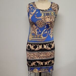 Blush Blue and Gold Baroque Mini Dress With Crossed Back